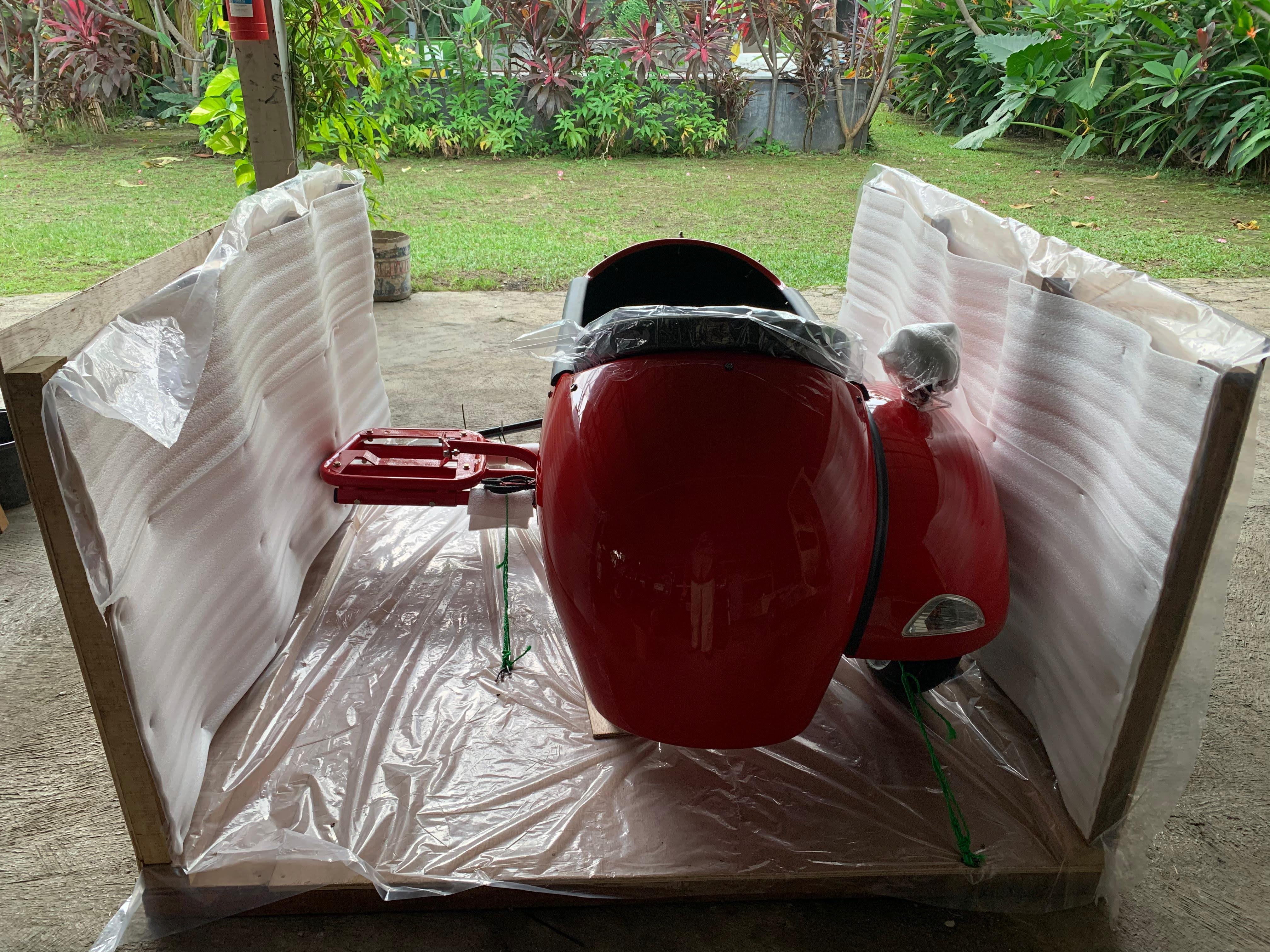 custom Vespa sidecar secured in wooden crate rear view – Scooter99 export to USA